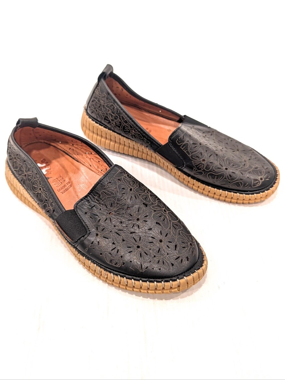 SPRING STEP Women's Black Laser-Cut Slip-On Loafers with Tan Sole Size 37